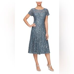 Blue Sequin Embellished Midi Dress with Flutter Sleeves